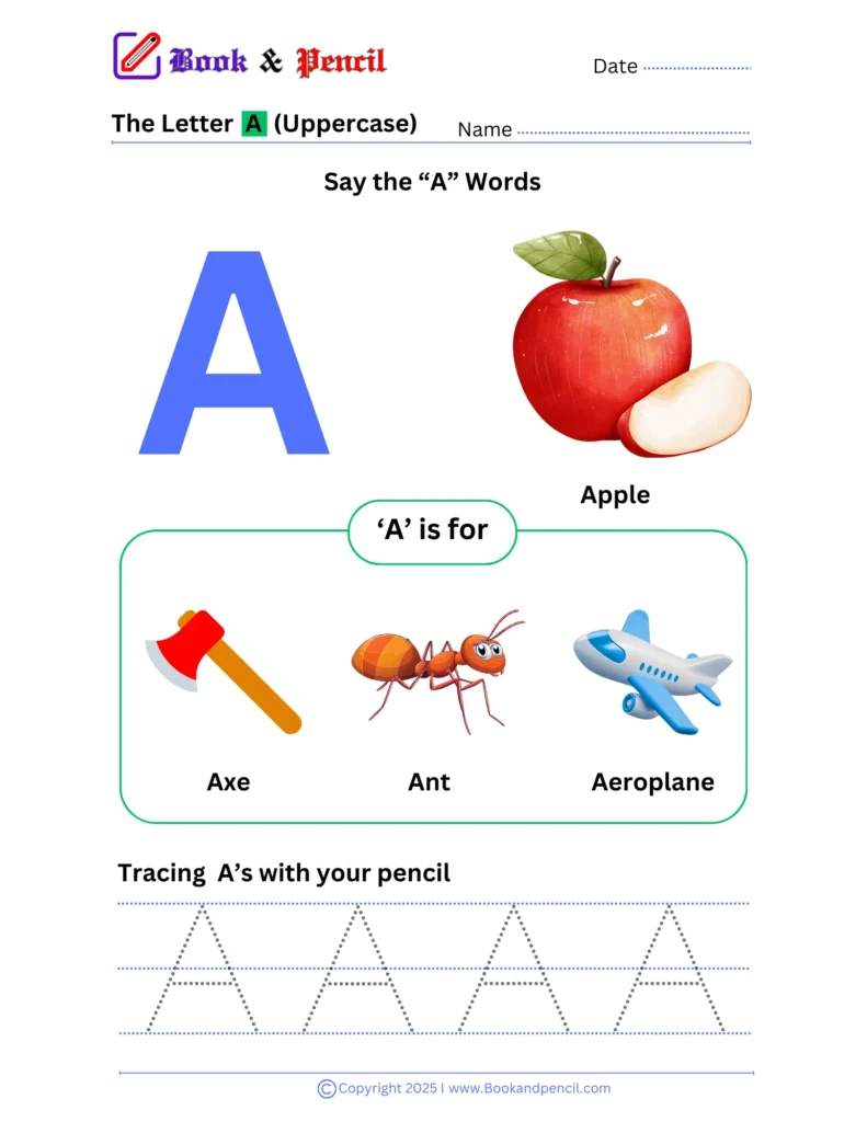 Learning the letter A worksheet for preschoolers with tracing, phonics, and letter recognition activities