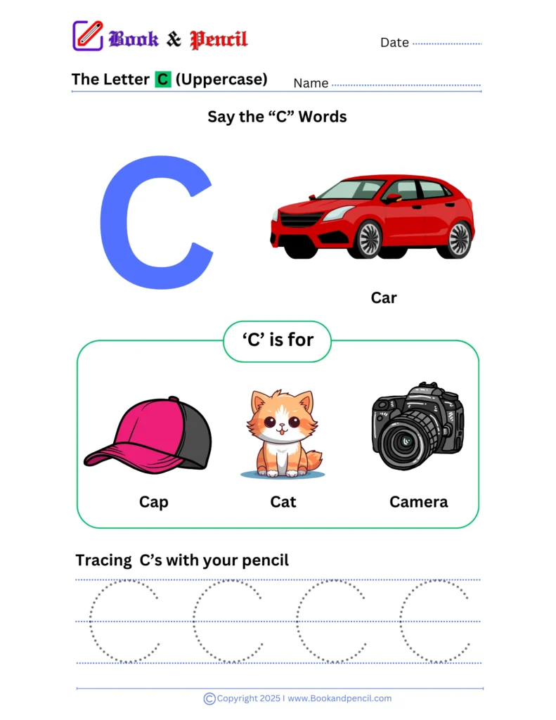 Learning the letter C worksheet for preschoolers with tracing, phonics, and letter recognition activities