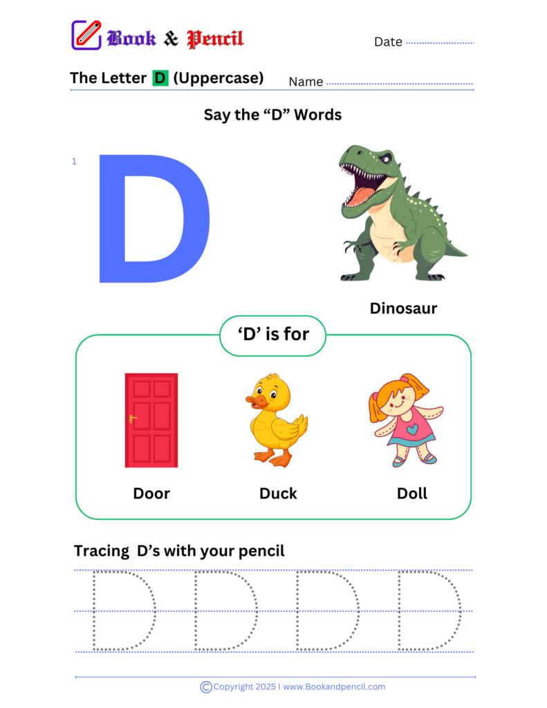 Learning the letter D worksheet for preschoolers with tracing, phonics, and letter recognition activities