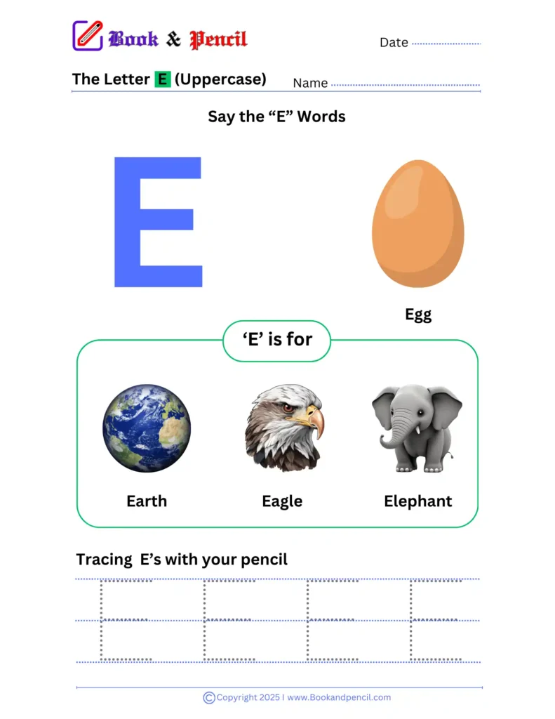 Learning the letter E worksheet for preschoolers with tracing, phonics, and letter recognition activities