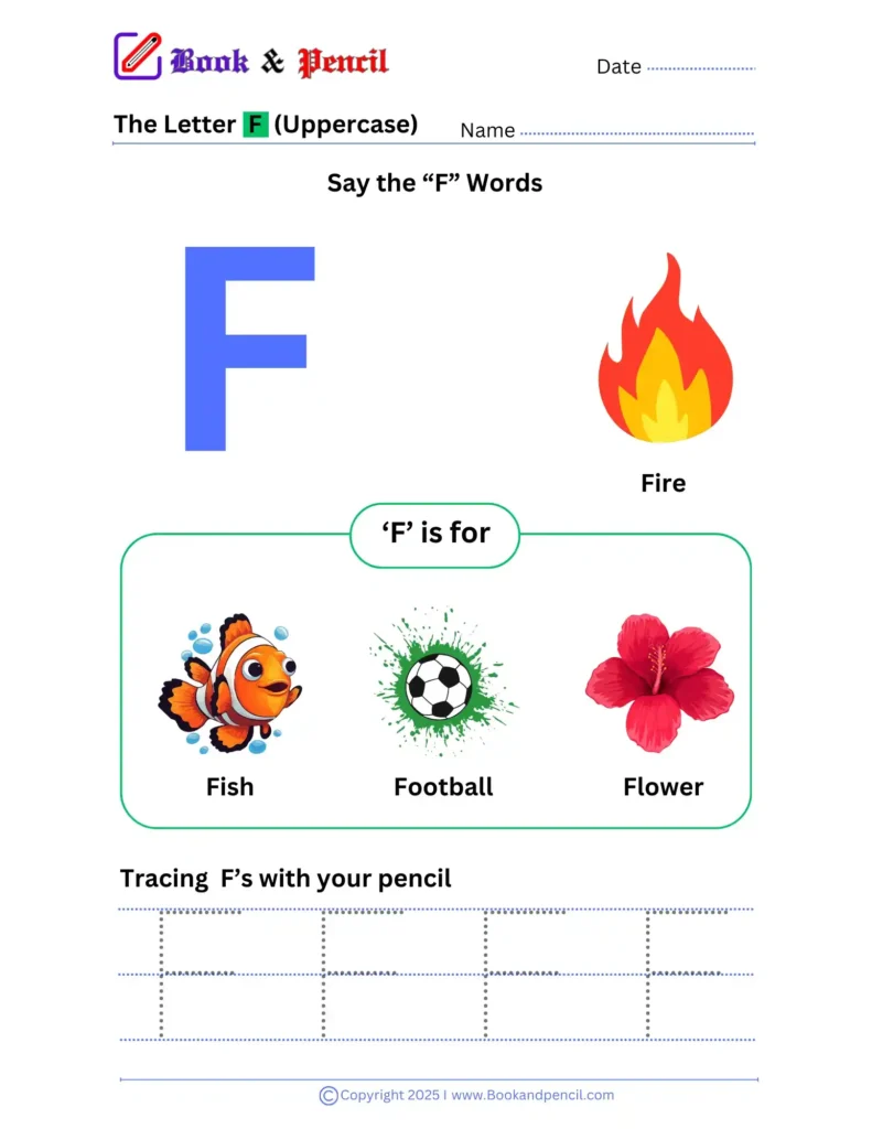 Learning the letter F worksheet for preschoolers with tracing, phonics, and letter recognition activities