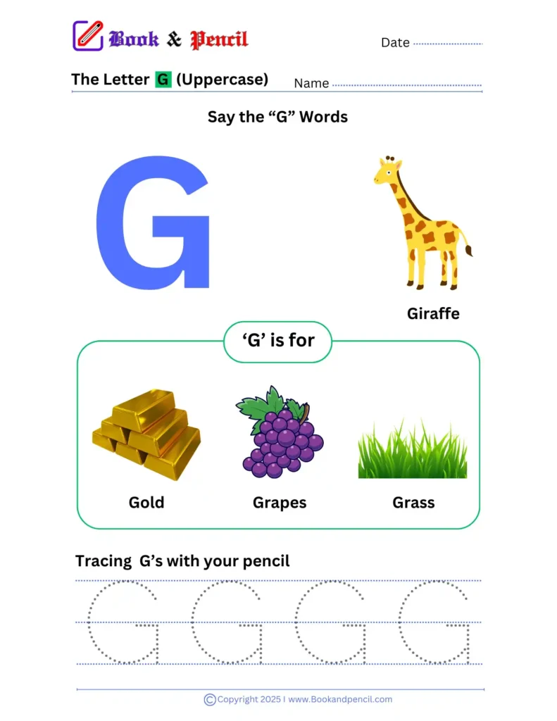 Learning the letter G worksheet for preschoolers with tracing, phonics, and letter recognition activities