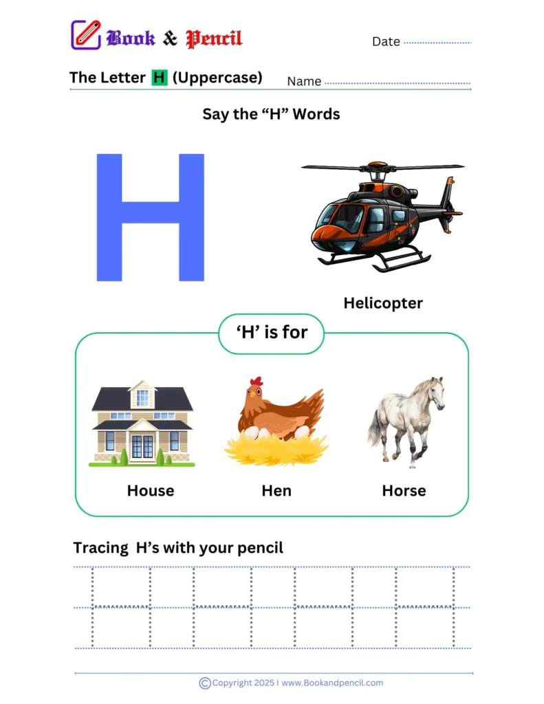 Learning the letter H worksheet for preschoolers with tracing, phonics, and letter recognition activities