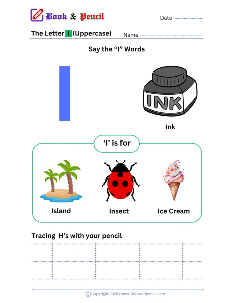 Learning the letter I worksheet for preschoolers with tracing, phonics, and letter recognition activities