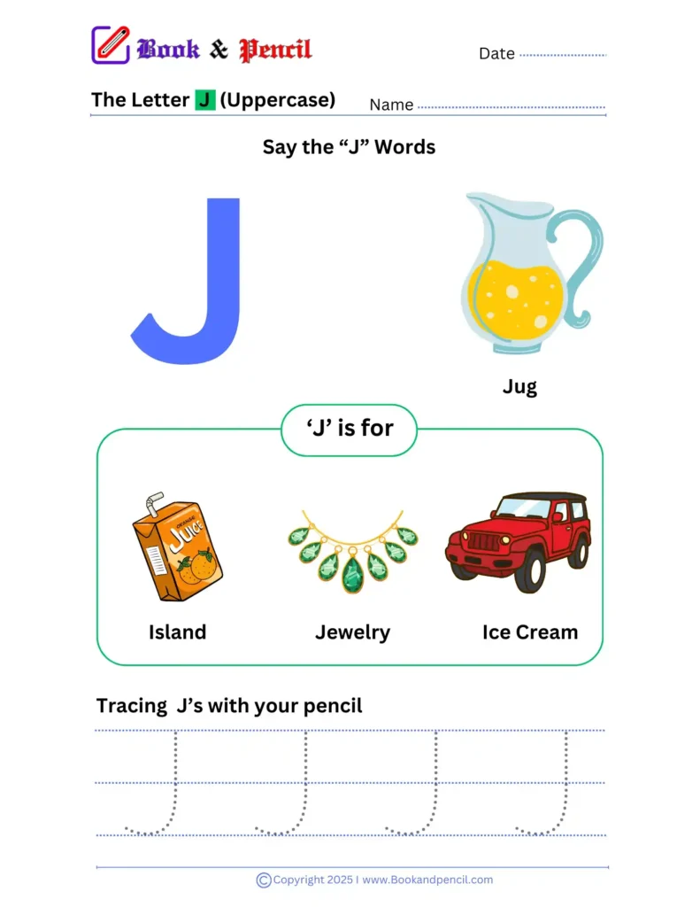 Learning the letter J worksheet for preschoolers with tracing, phonics, and letter recognition activities