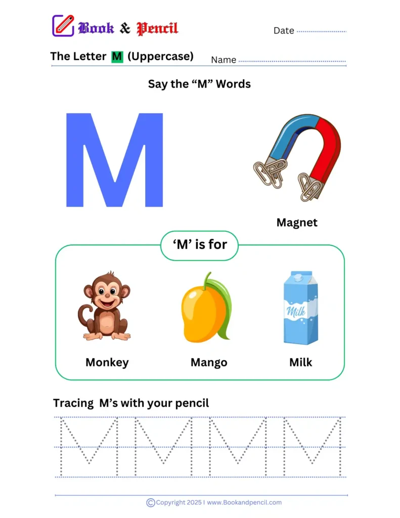 Learning the letter m worksheet for preschoolers with tracing, phonics, and letter recognition activities
