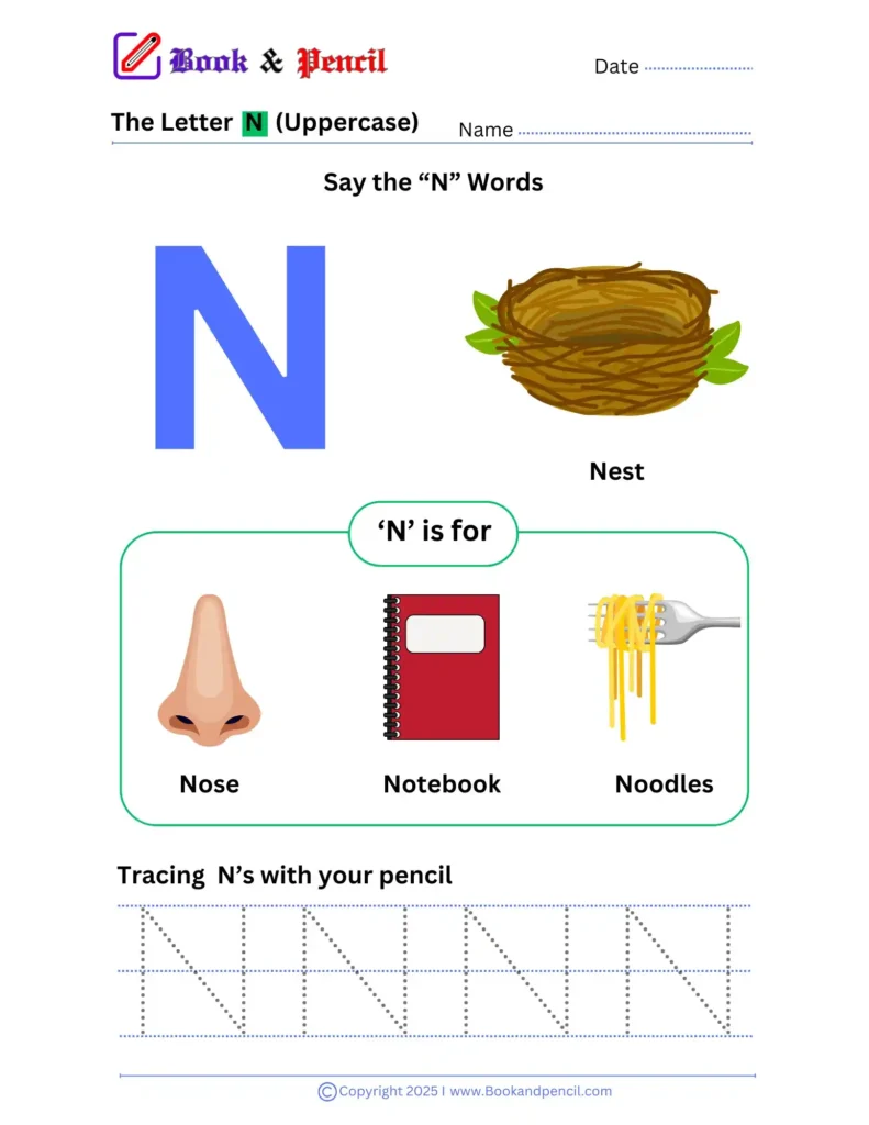Learning the letter n worksheet for preschoolers with tracing, phonics, and letter recognition activities