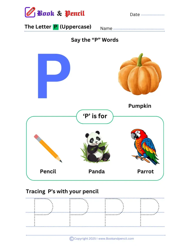 Learning the letter p worksheet for preschoolers with tracing, phonics, and letter recognition activities
