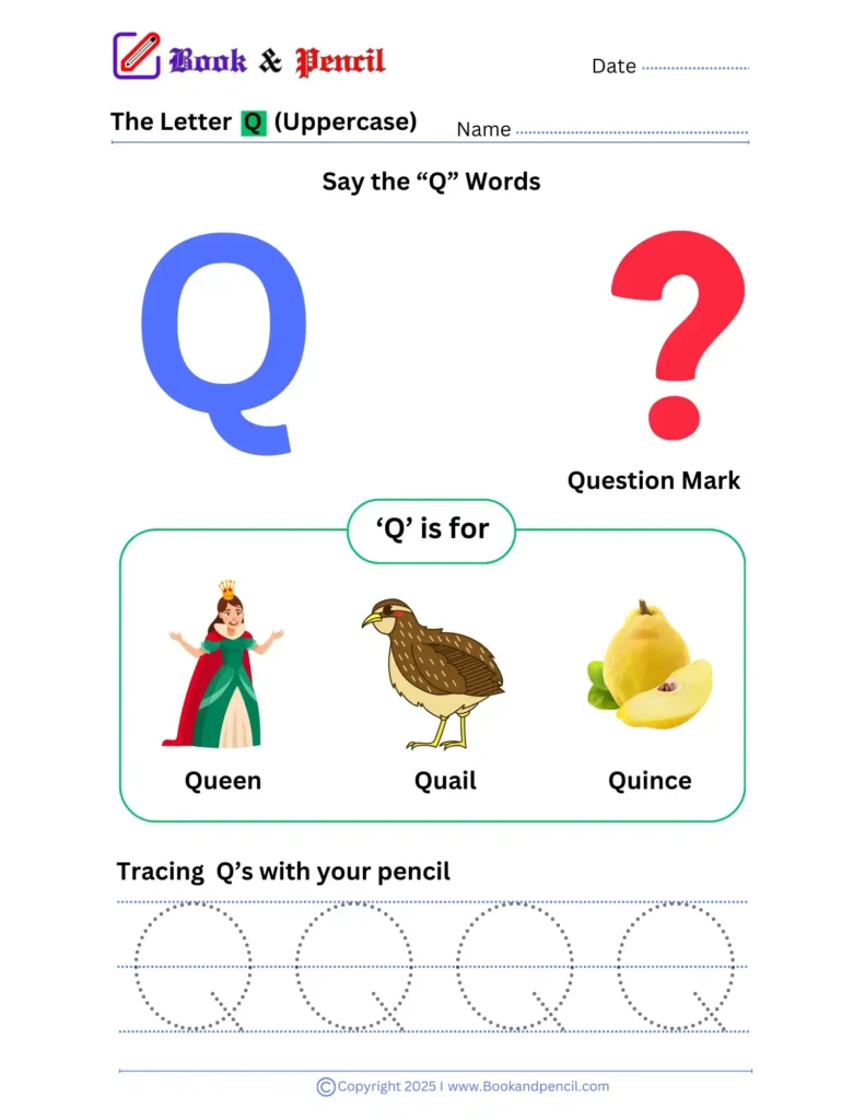 Learning the letter Q worksheet for preschoolers with tracing, phonics, and letter recognition activities