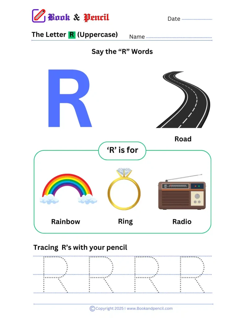 Learning the letter R worksheet for preschoolers with tracing, phonics, and letter recognition activities