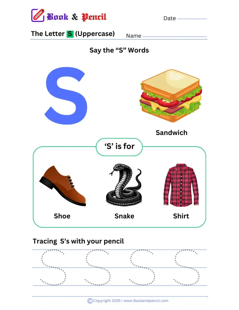 Learning the letter S worksheet for preschoolers with tracing, phonics, and letter recognition activities
