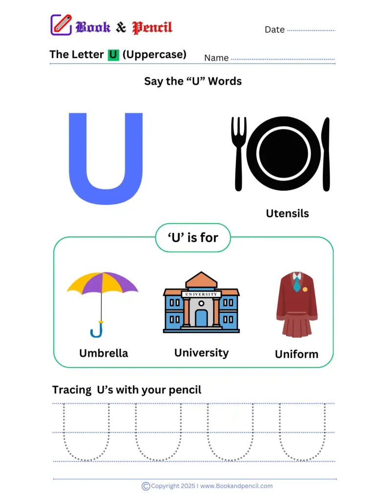 Learning the letter U worksheet for preschoolers with tracing, phonics, and letter recognition activities
