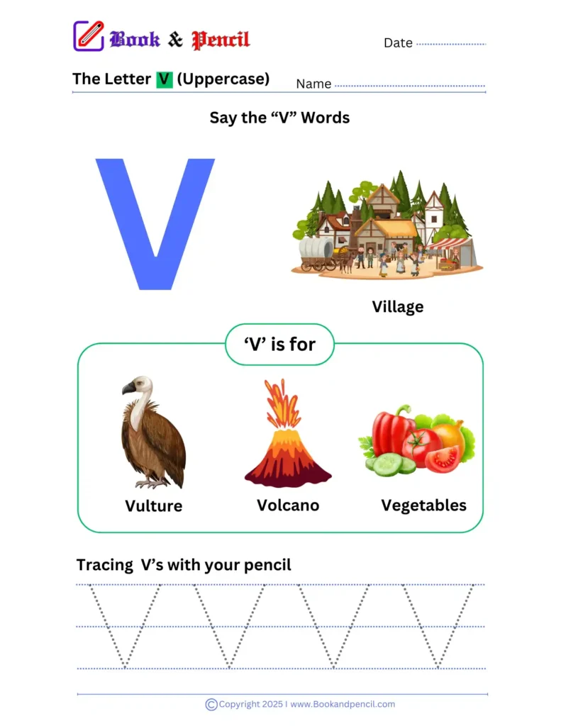 Learning the letter V worksheet for preschoolers with tracing, phonics, and letter recognition activities