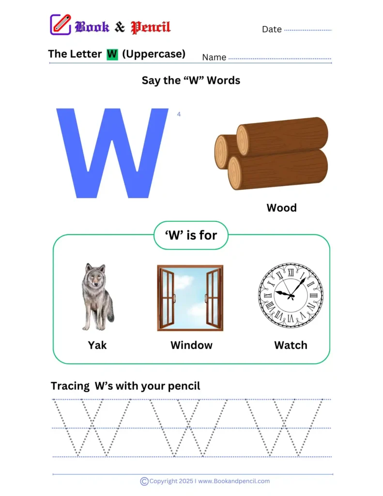 Learning the letter W worksheet for preschoolers with tracing, phonics, and letter recognition activities