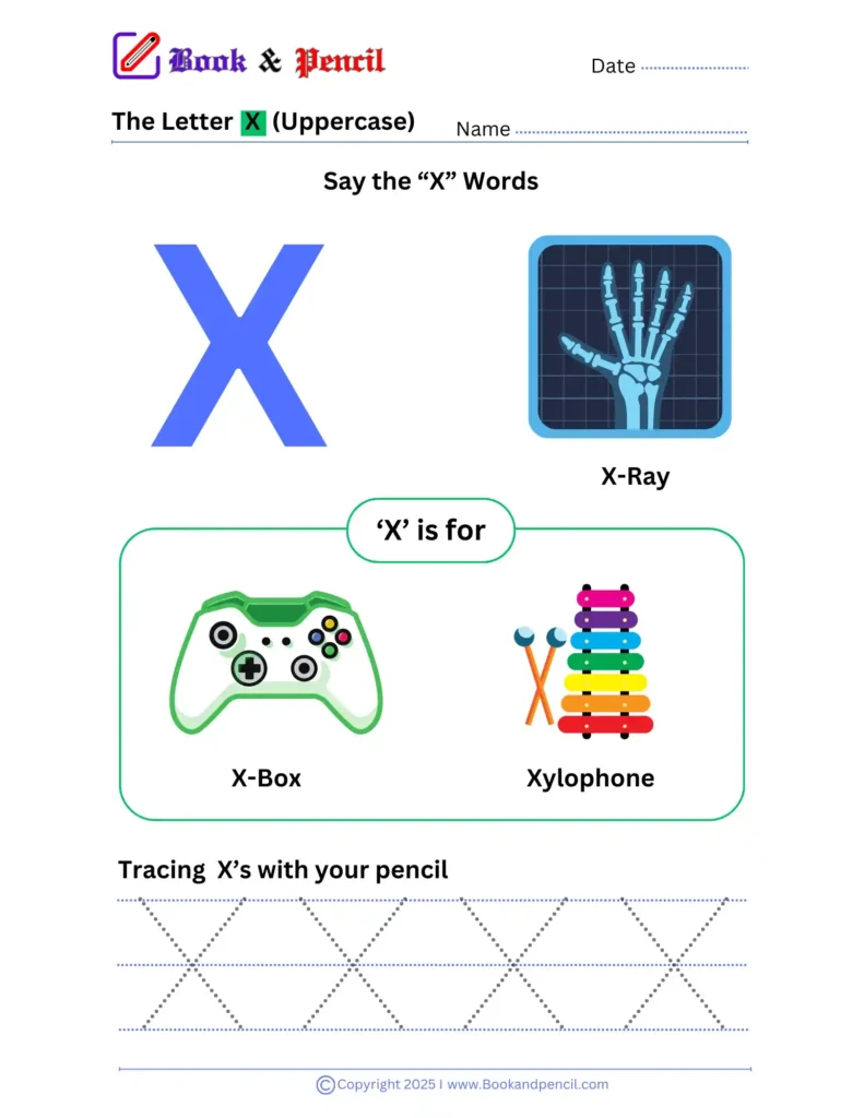 Learning the letter X worksheet for preschoolers with tracing, phonics, and letter recognition activities