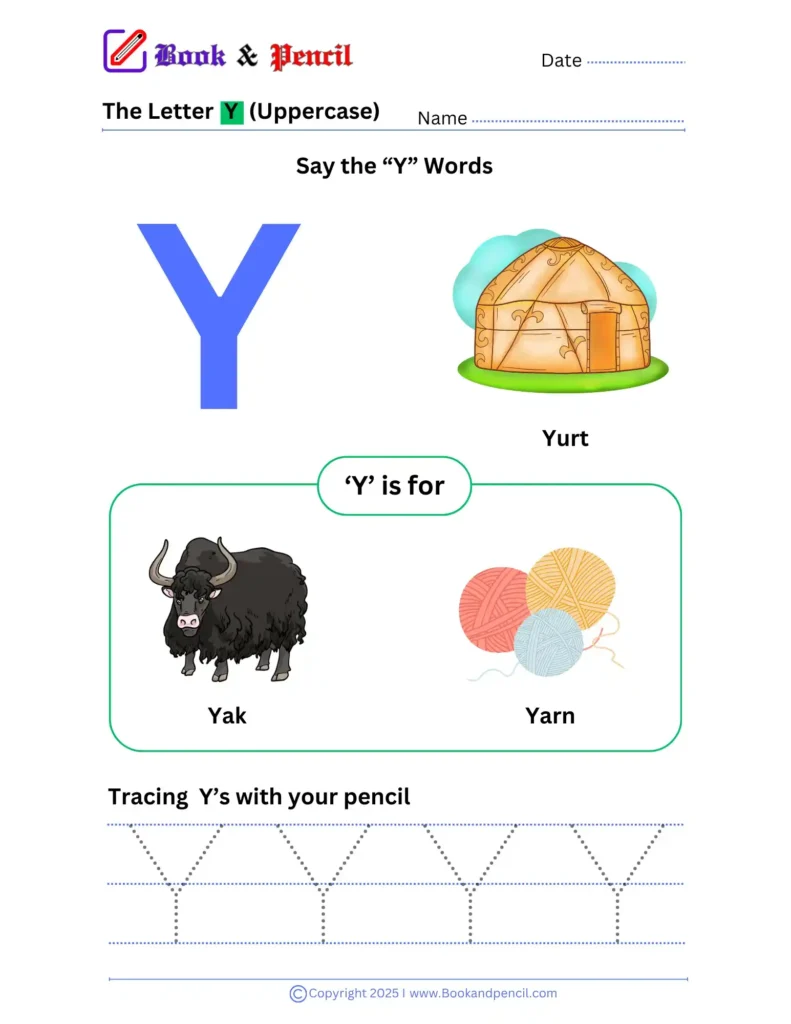 Learning the letter Y worksheet for preschoolers with tracing, phonics, and letter recognition activities