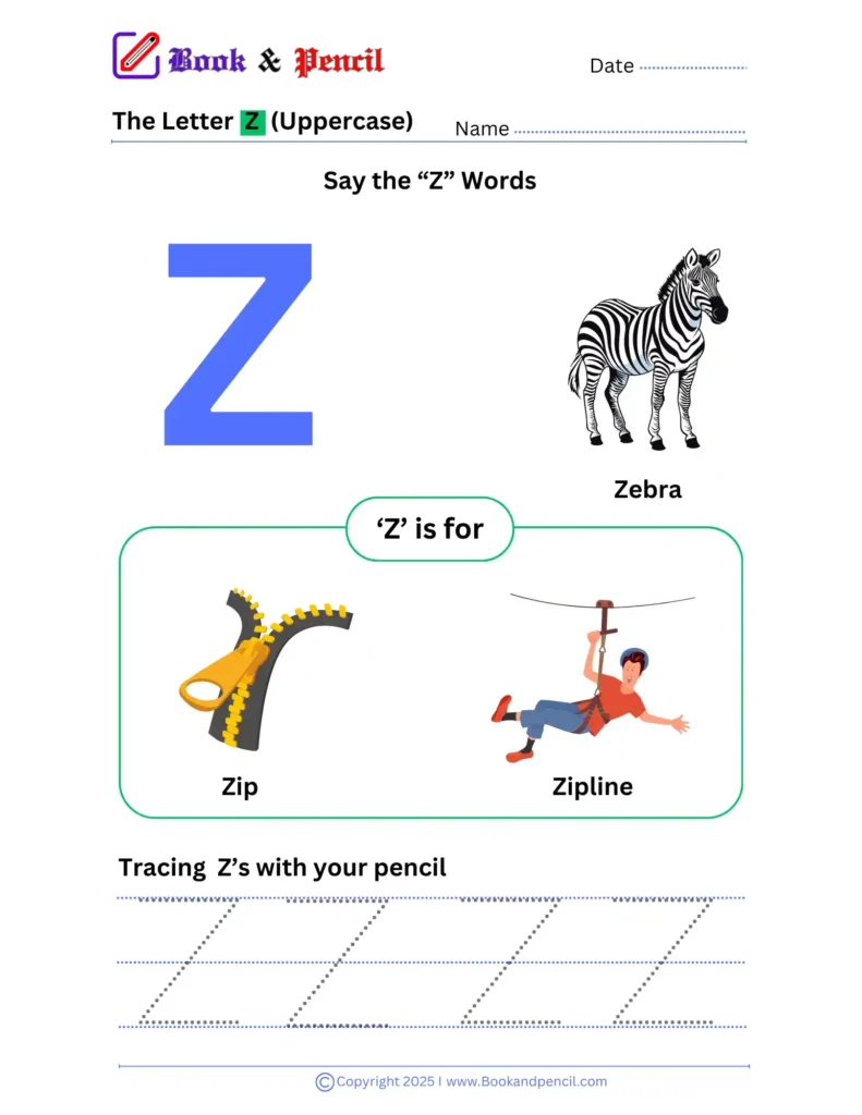 Learning the letter Z worksheet for preschoolers with tracing, phonics, and letter recognition activities
