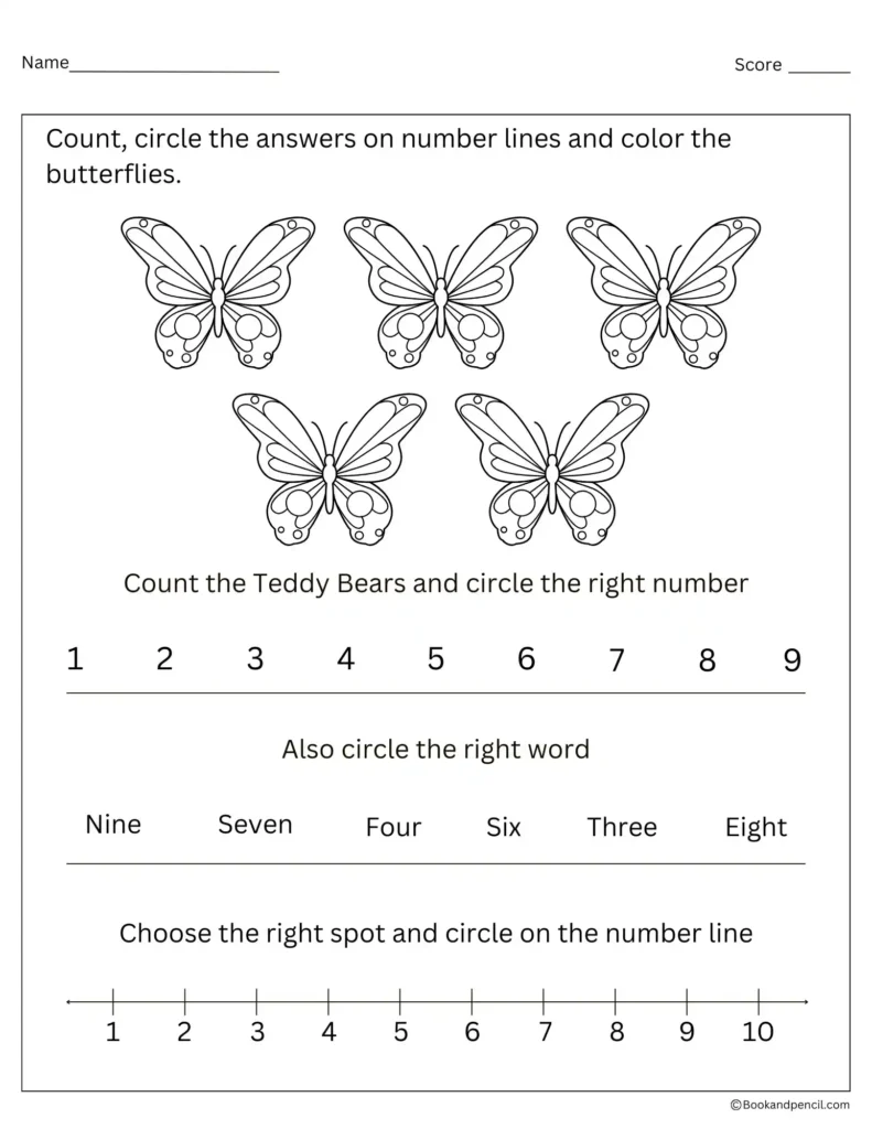 Counting on worksheets with butterflies for preschool and kindergarten. Kids count, circle numbers, and color for number recognition.
