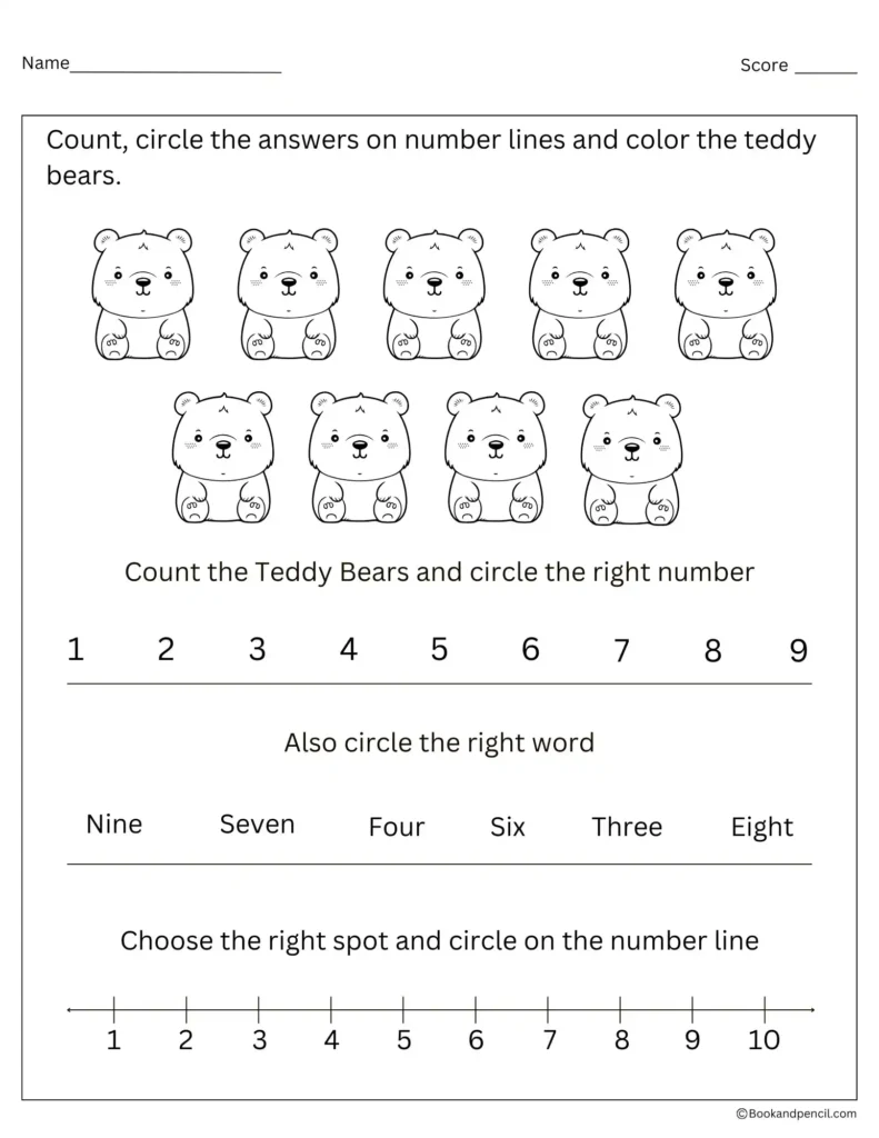 Counting on worksheets featuring teddy bears to help kids count, recognize numbers, and color while learning number order.