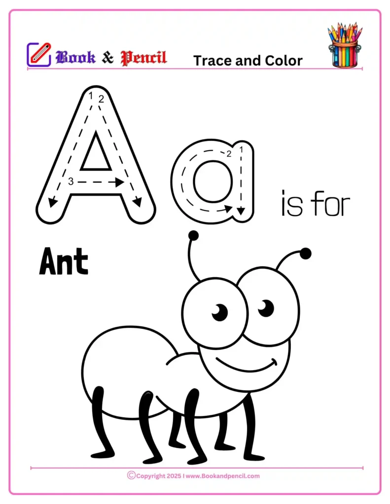 Letter A tracing and coloring worksheet for preschool featuring uppercase and lowercase A with a cute ant illustration. Perfect for early learners to practice letter formation and phonics.