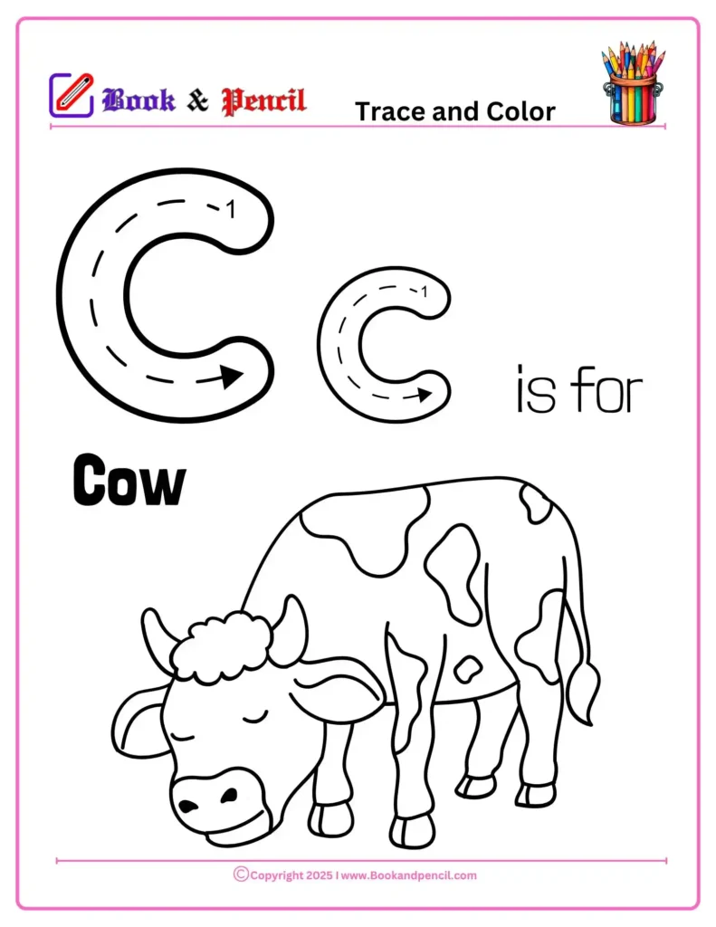 Letter C Coloring Worksheets for preschool with uppercase and lowercase C and a cute cow illustration. Ideal for coloring, tracing, and early letter recognition.