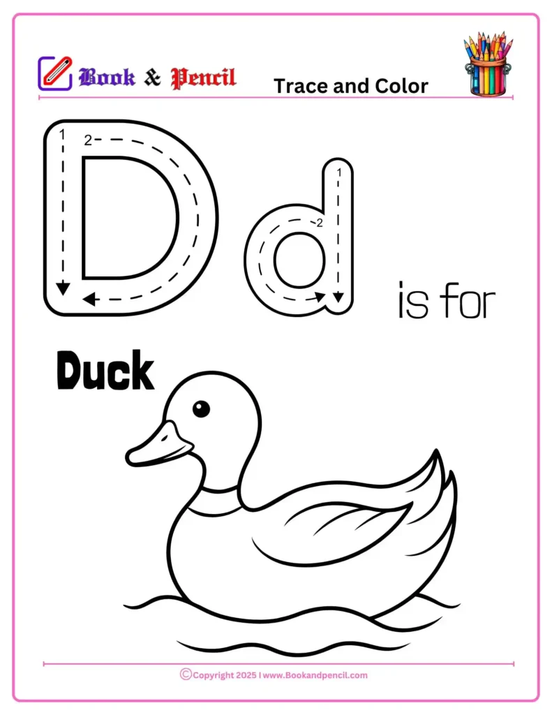 Letter D Coloring Worksheets for preschool featuring uppercase and lowercase D with a friendly duck illustration. Perfect for tracing, coloring, and learning the letter D