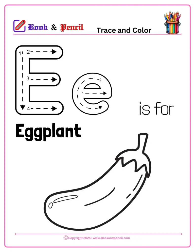 Letter E Coloring Worksheets for preschool with uppercase and lowercase E and a fun eggplant illustration. Great for early writing, coloring, and letter recognition.