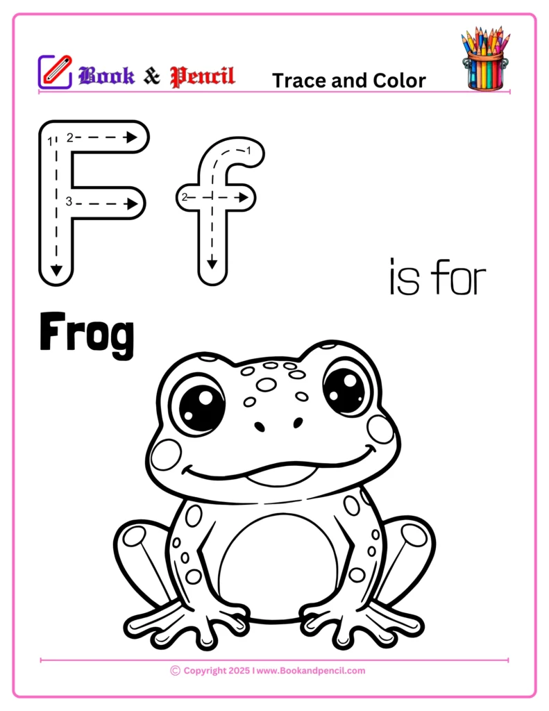 Letter F Coloring Worksheets for preschool featuring uppercase and lowercase F with a cute frog illustration. Ideal for coloring, tracing, and learning letter F sounds.