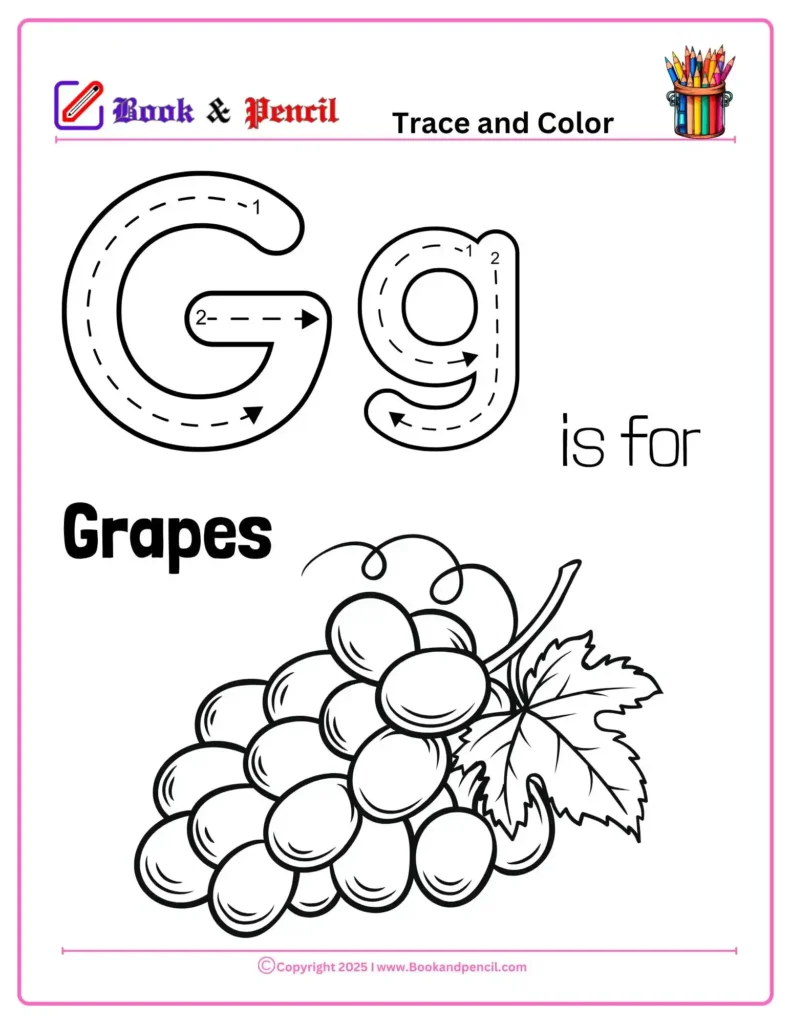 Letter G Coloring Worksheets for preschool with uppercase and lowercase G and grapes illustration. Perfect for tracing, coloring, and letter recognition activities.