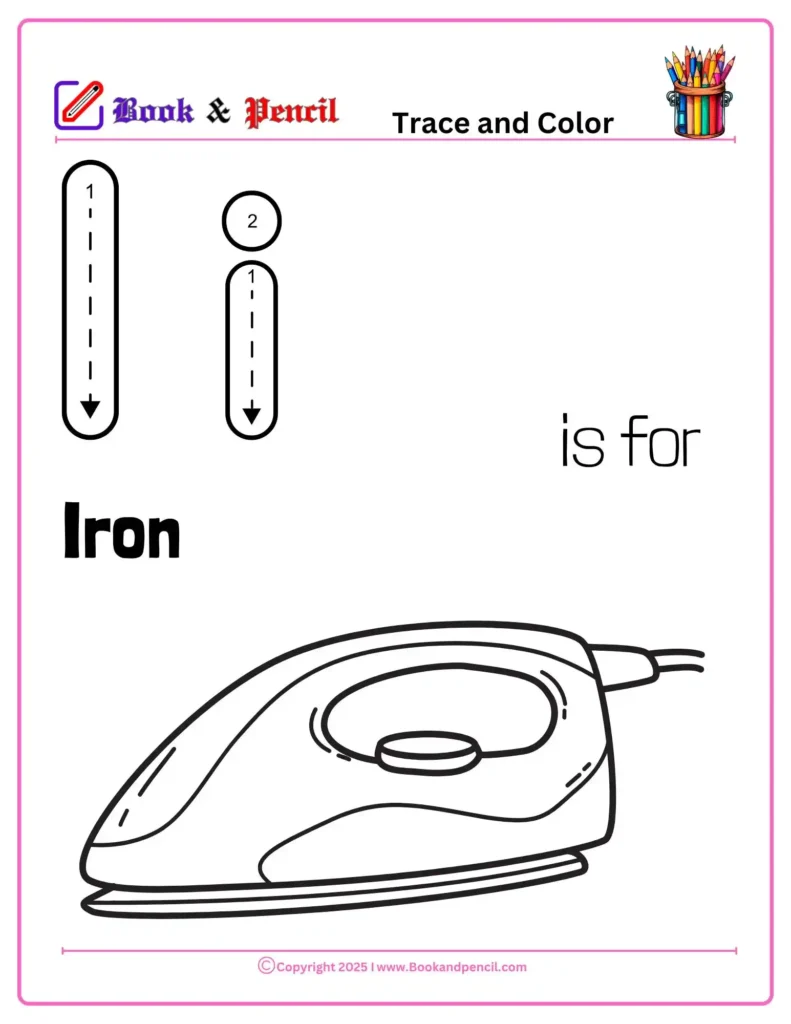 Letter I Coloring Worksheets for preschool featuring uppercase and lowercase I with iron image. Perfect for early learners to color, trace, and recognize letter I.