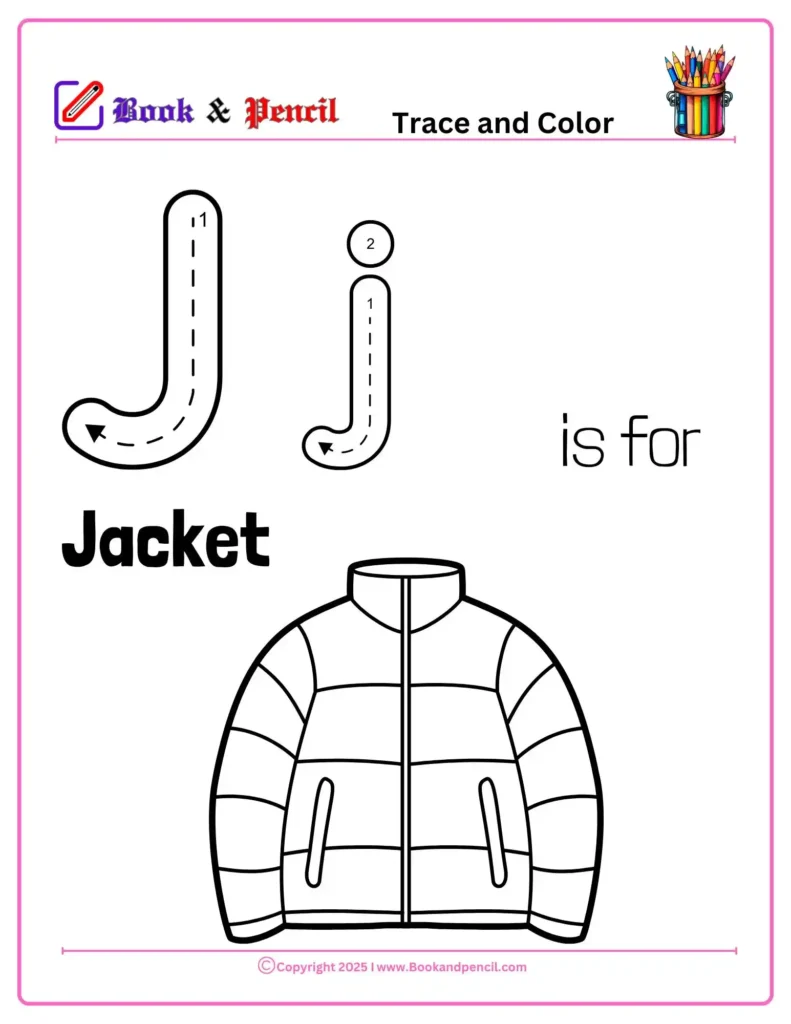 Letter J Coloring Worksheets for preschool with uppercase and lowercase J and a jacket illustration. Ideal for practicing handwriting and identifying the /j/ sound.