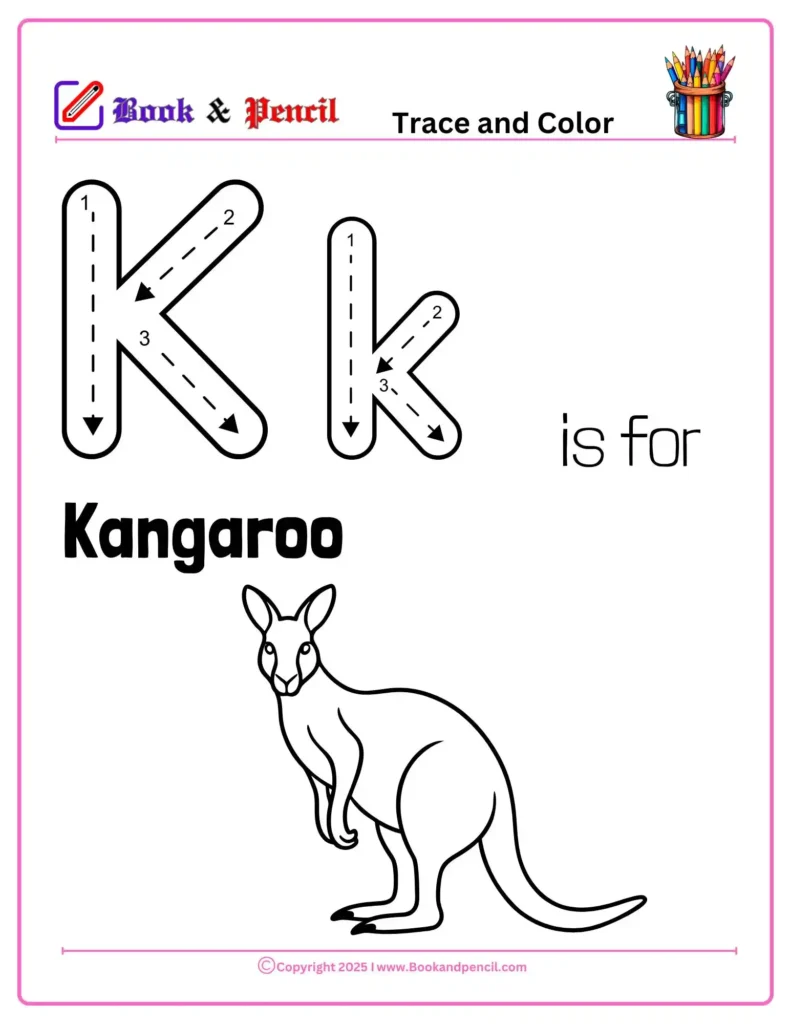 Letter K Coloring Worksheets for preschool featuring uppercase and lowercase K with a fun kangaroo drawing. Designed for coloring, tracing, and early letter learning.