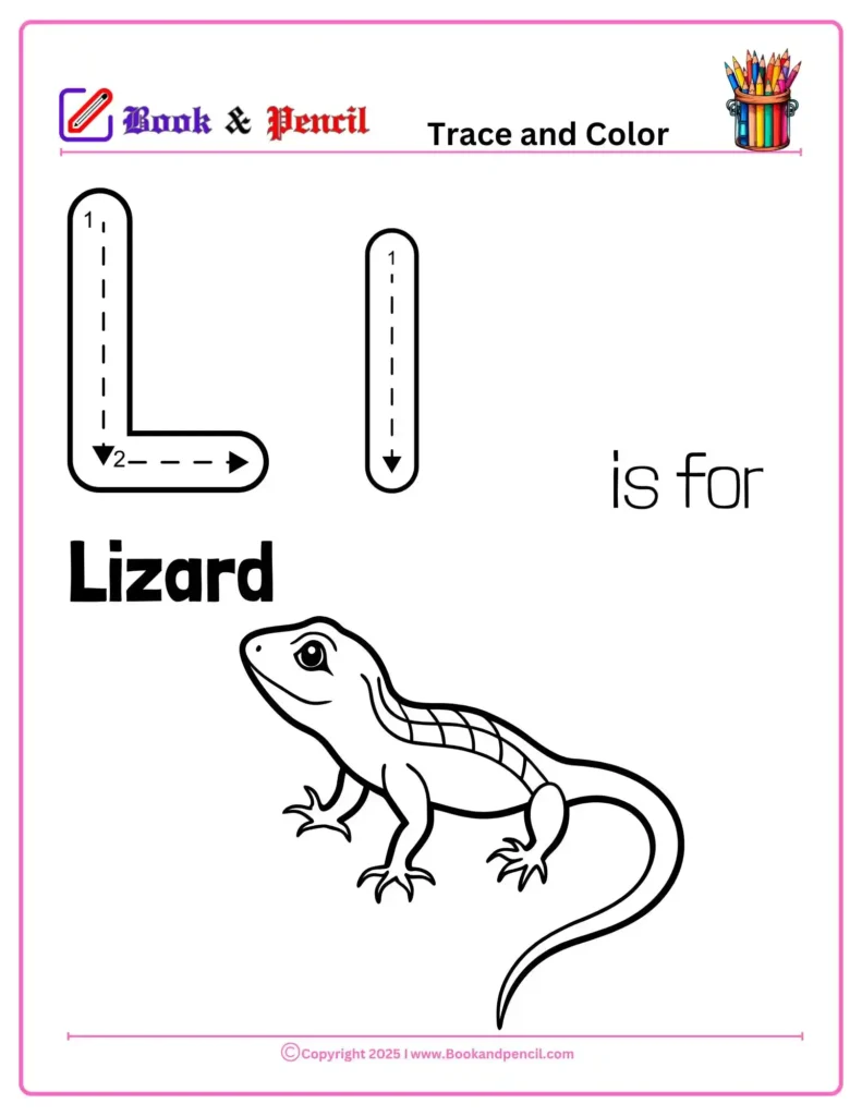 Letter L Coloring Worksheets for preschool with uppercase and lowercase L and a picture of a lizard. Great for helping children connect letters to sounds and visuals.