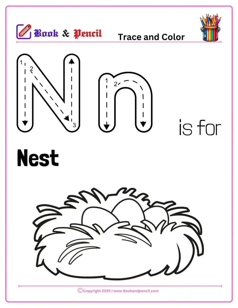 Letter N Coloring Worksheets for preschool featuring uppercase and lowercase N with a nest illustration. Ideal for coloring, tracing, and early letter sound recognition.