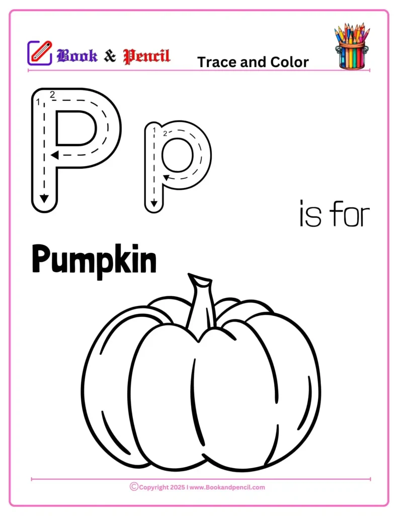 Letter P Coloring Worksheets for preschool featuring uppercase and lowercase P with a pumpkin illustration. Great for tracing, coloring, and phonics awareness.