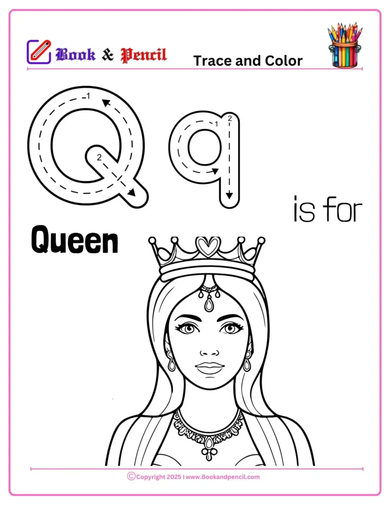Letter Q Coloring Worksheets for preschool with uppercase and lowercase Q and a queen illustration. Fun for early learners to color and practice the /kw/ sound.