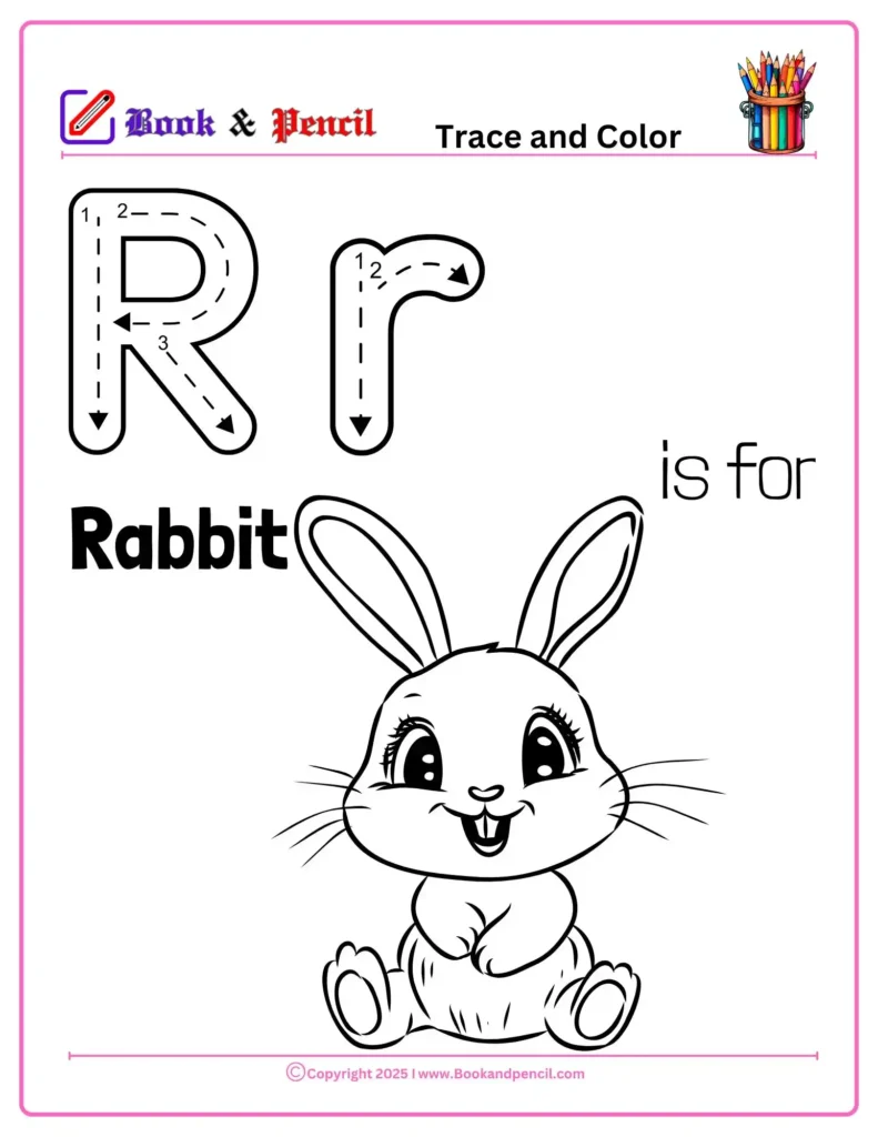 Letter R Coloring Worksheets for preschool featuring uppercase and lowercase R with a cute rabbit drawing. Helps children learn letter formation and recognition.