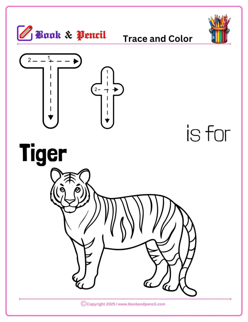 Letter T Coloring Worksheets for preschool featuring uppercase and lowercase T with a tiger illustration. Supports letter learning through fun and simple visuals.
