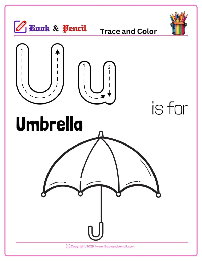 Letter U Coloring Worksheets for preschool with uppercase and lowercase U and a colorful umbrella illustration. Great for building letter recognition and coloring skills.
