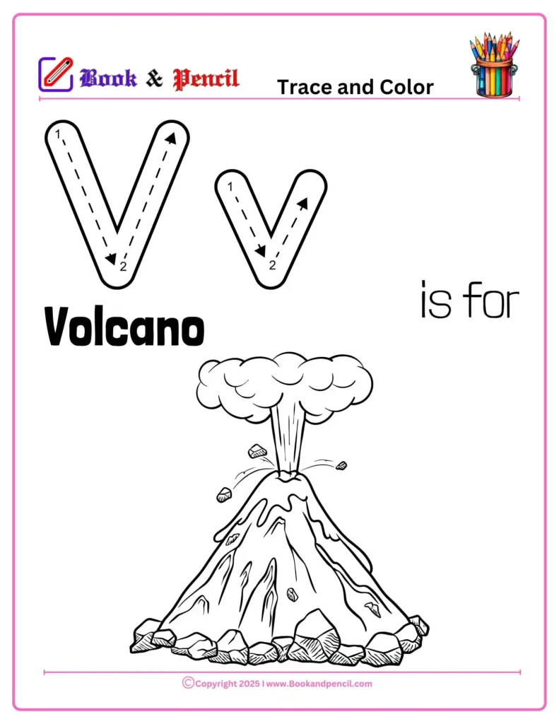 Letter V Coloring Worksheets for preschool featuring uppercase and lowercase V with a cute volcano drawing. Ideal for tracing, coloring, and exploring the /v/ sound.