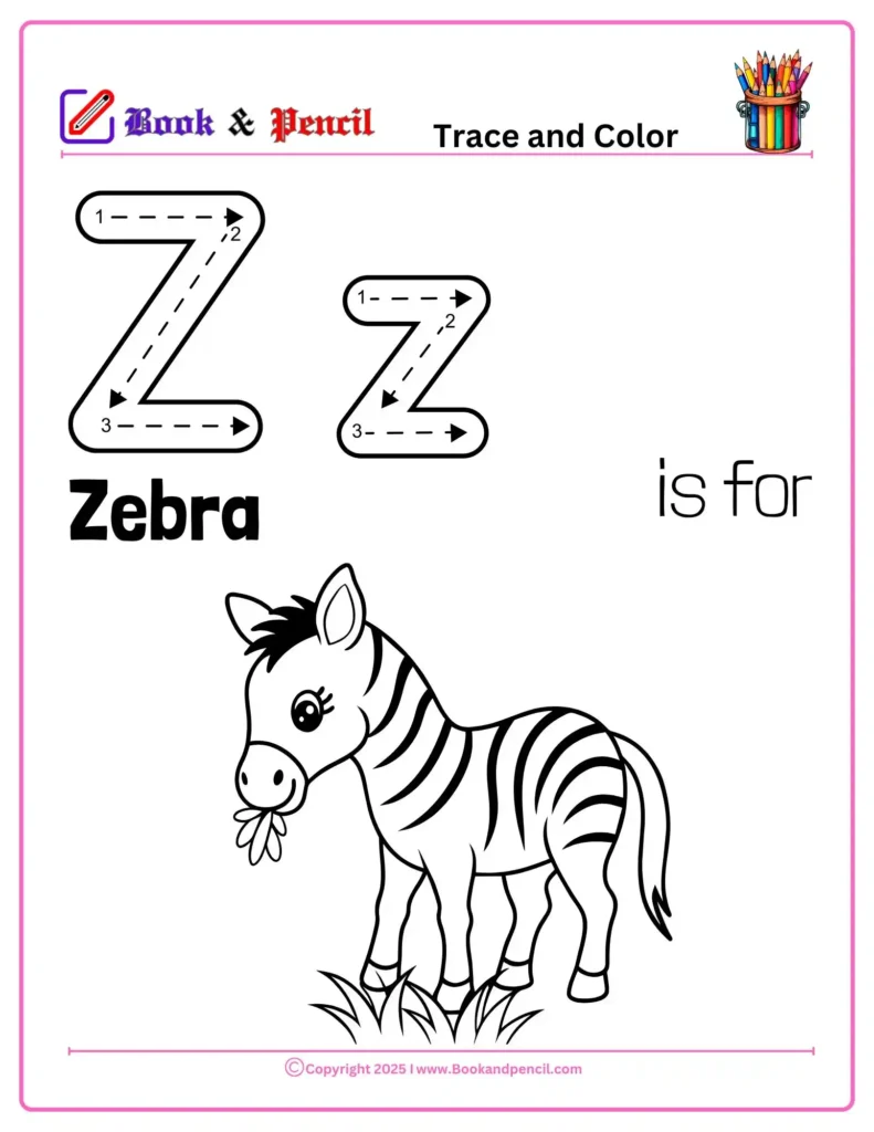 Letter Z Coloring Worksheets for preschool featuring uppercase and lowercase Z with a zebra drawing. Designed for helping kids learn through visual and hands-on practice.