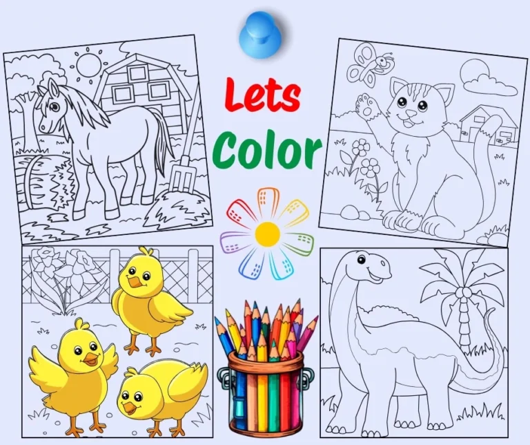 Coloring 2 Cute printable coloring pages for kids featuring a horse, cat, chicks, and dinosaur with “Let’s Color” text and colored pencils – perfect for preschool and kindergarten
