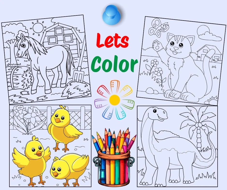 Cute printable coloring pages for kids featuring a horse, cat, chicks, and dinosaur with “Let’s Color” text and colored pencils – perfect for preschool and kindergarten