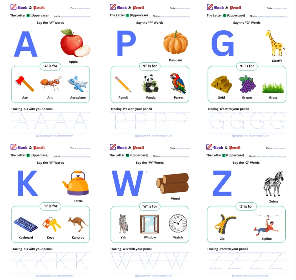 Kindergarten alphabet tracing worksheets with vocabulary words and images for letters A, P, G, K, W, and Z