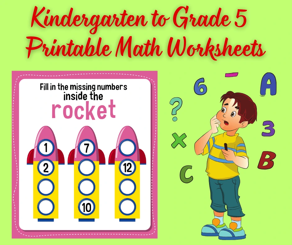 Kindergarten to Grade 5 printable math worksheet with missing number rockets and a thinking child surrounded by numbers and letters