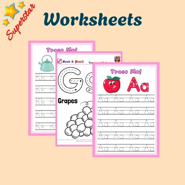 Colorful superstar worksheets for kids featuring letter tracing activities like A, Z, and K with fun illustrations