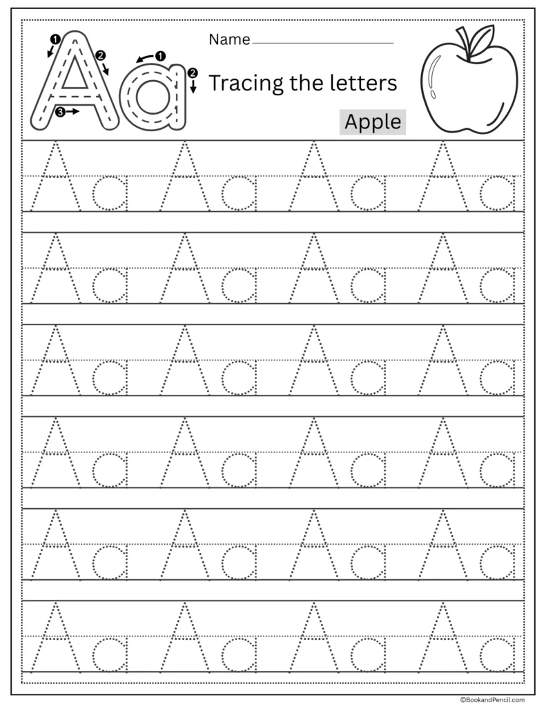 tracing letters worksheet with uppercase and lowercase A practice for preschoolers