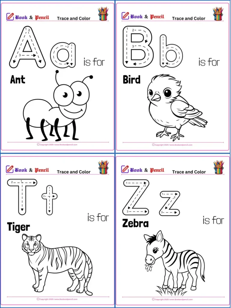 Letter A to Z coloring worksheets with big outline letters and animal pictures to color, free printable PDF