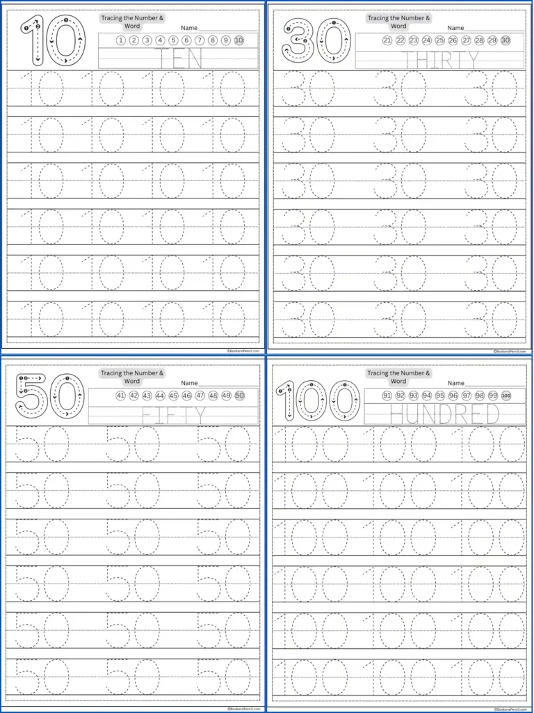 Number tracing worksheets from 1 to 100 with dotted numbers for kindergarten, free printable PDF