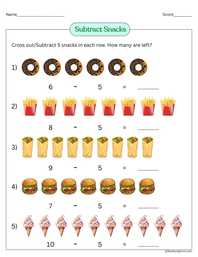 Colorful subtraction worksheet for kindergarten with snacks like donuts, fries, burgers, and ice cream to practice subtracting 5 visually